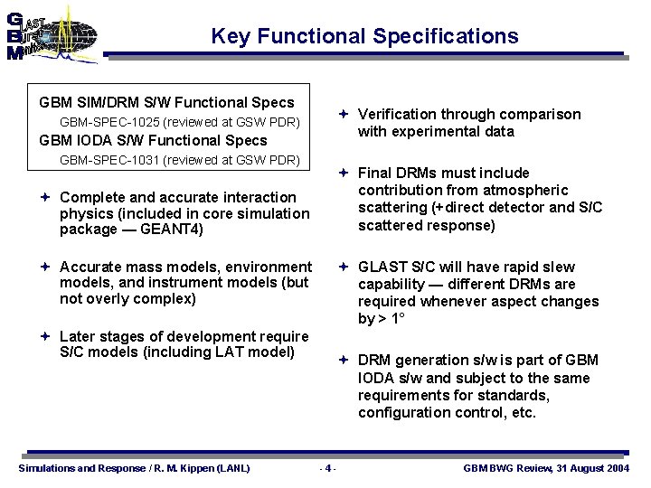 Key Functional Specifications GBM SIM/DRM S/W Functional Specs GBM-SPEC-1025 (reviewed at GSW PDR) GBM