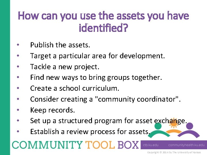 How can you use the assets you have identified? • • • Publish the