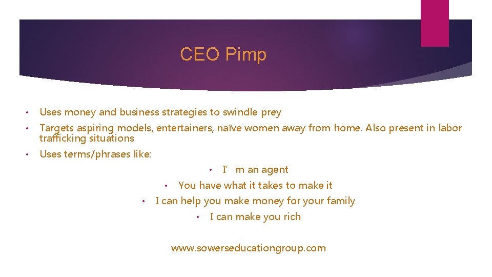 CEO Pimp • Uses money and business strategies to swindle prey • Targets aspiring