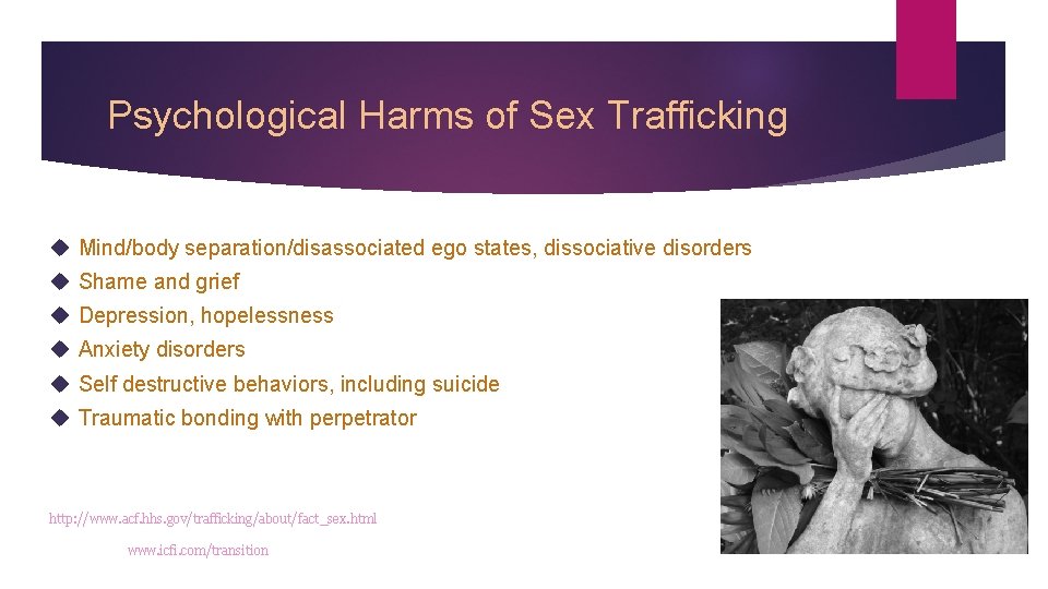 Psychological Harms of Sex Trafficking Mind/body separation/disassociated ego states, dissociative disorders Shame and grief