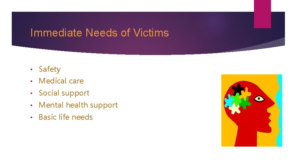 Immediate Needs of Victims • Safety • Medical care • Social support • Mental