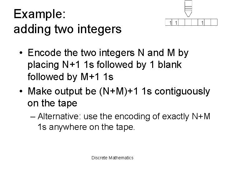 Example: adding two integers 1 1 1 • Encode the two integers N and