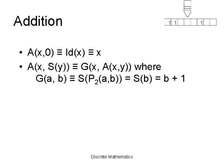 Addition 1 1 • A(x, 0) ≡ Id(x) ≡ x • A(x, S(y)) ≡