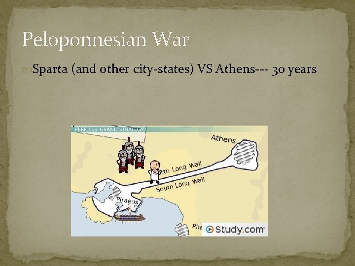 Peloponnesian War Sparta (and other city-states) VS Athens--- 30 years 