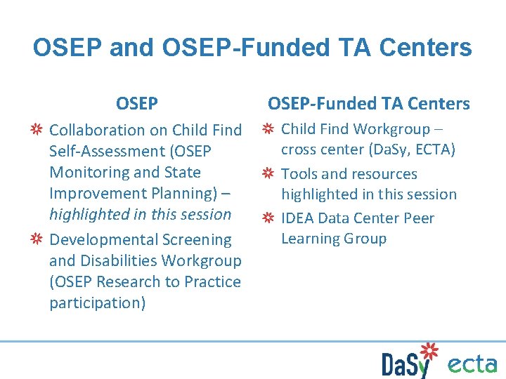 OSEP and OSEP-Funded TA Centers OSEP Collaboration on Child Find Self-Assessment (OSEP Monitoring and