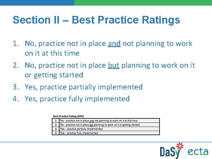 Section II – Best Practice Ratings 1. No, practice not in place and not