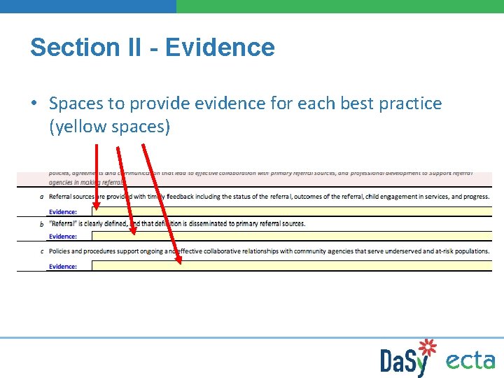 Section II - Evidence • Spaces to provide evidence for each best practice (yellow