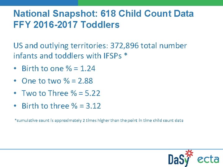 National Snapshot: 618 Child Count Data FFY 2016 -2017 Toddlers US and outlying territories: