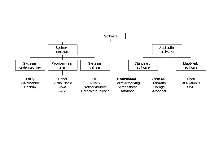 Software Systeemsoftware Applicatiesoftware Systeemondersteuning Programmeertalen Systeembeheer Utility Virusscanner Backup Cobol Visual Basic Java CASE