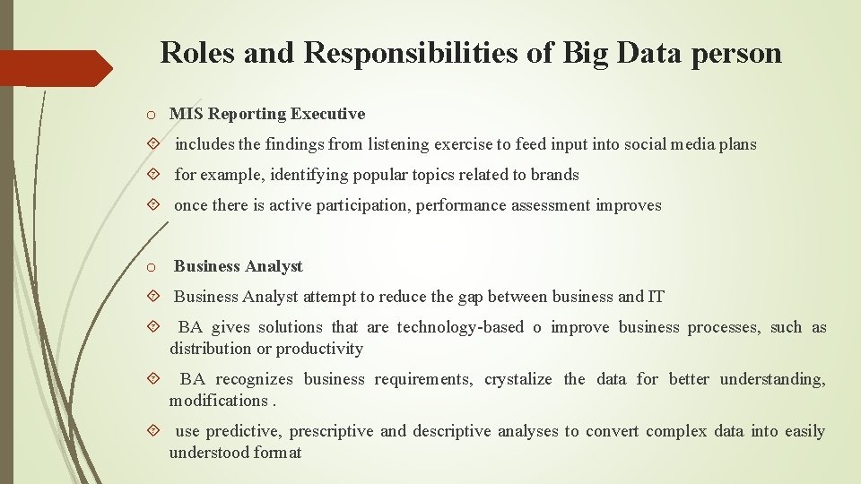 Roles and Responsibilities of Big Data person o MIS Reporting Executive includes the findings
