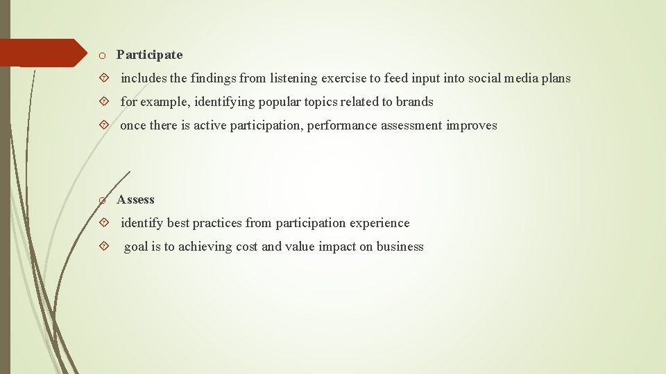 o Participate includes the findings from listening exercise to feed input into social media