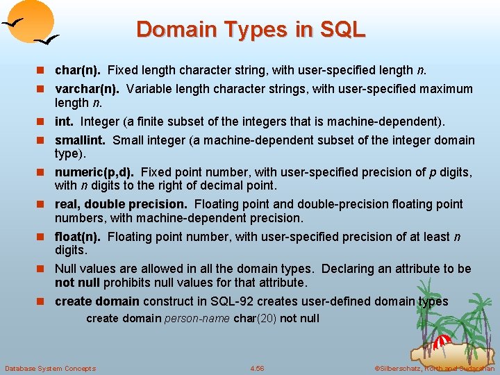 Domain Types in SQL n char(n). Fixed length character string, with user-specified length n.