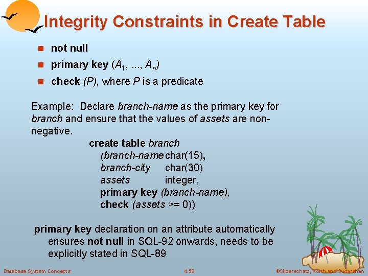 Integrity Constraints in Create Table n not null n primary key (A 1, .