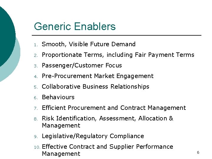 Generic Enablers 1. Smooth, Visible Future Demand 2. Proportionate Terms, including Fair Payment Terms