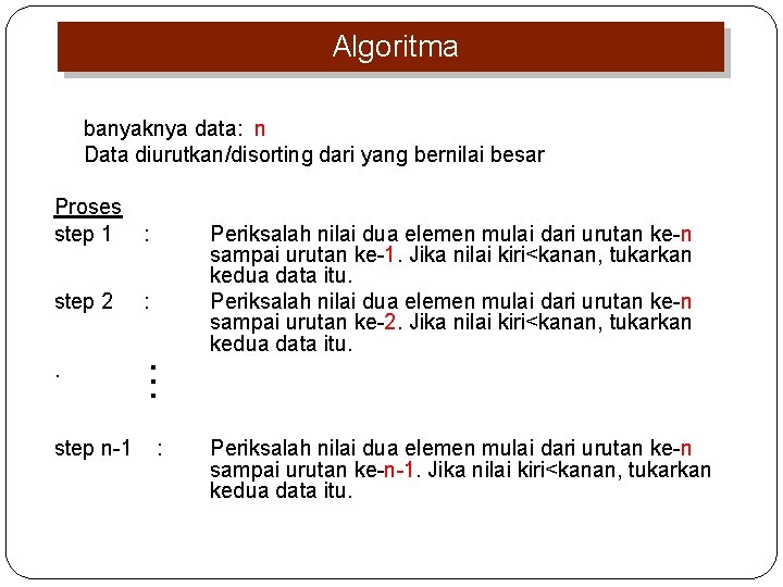 Algoritma banyaknya data: n Data diurutkan/disorting dari yang bernilai besar Proses step 1 :