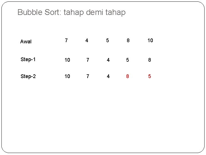 Bubble Sort: tahap demi tahap Awal 7 4 5 8 10 Step-1 10 7