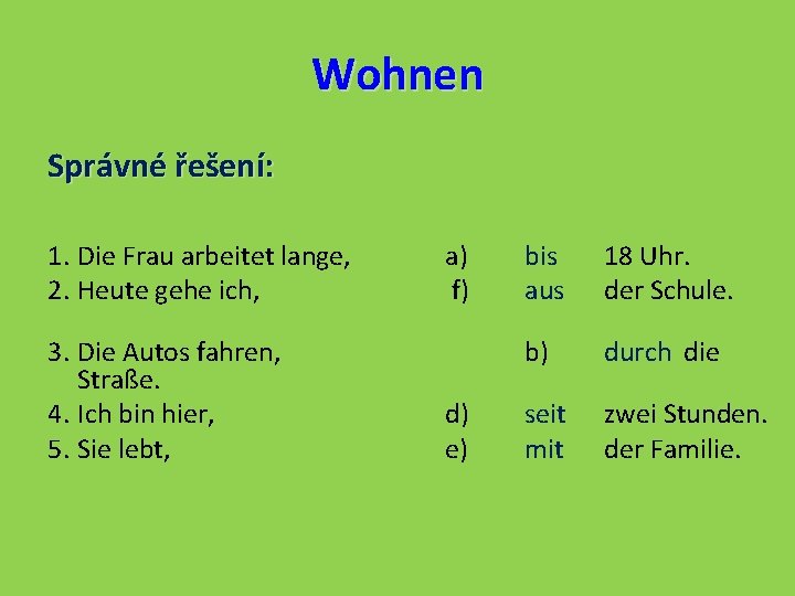 Wohnen Správné řešení: 1. Die Frau arbeitet lange, 2. Heute gehe ich, 3. Die