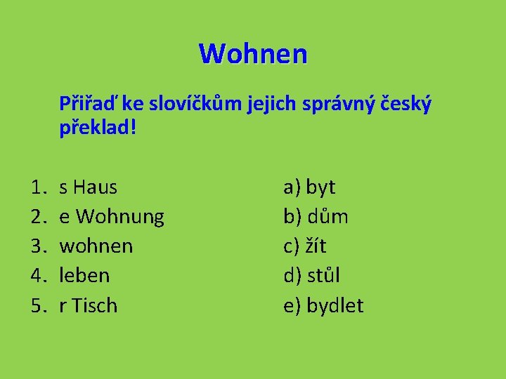 Wohnen Přiřaď ke slovíčkům jejich správný český překlad! 1. 2. 3. 4. 5. s