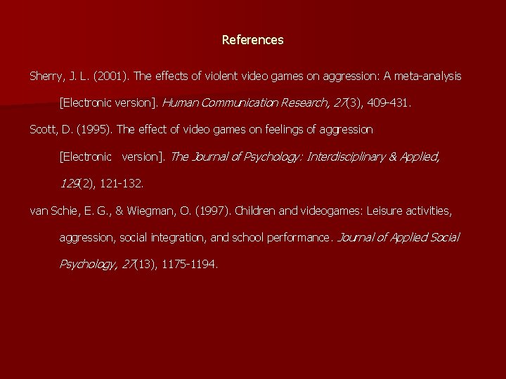 References Sherry, J. L. (2001). The effects of violent video games on aggression: A