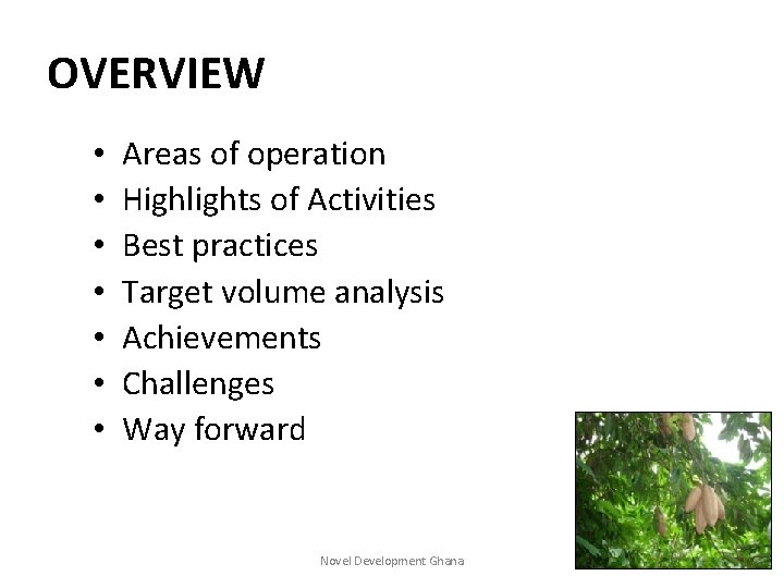 OVERVIEW • • Areas of operation Highlights of Activities Best practices Target volume analysis