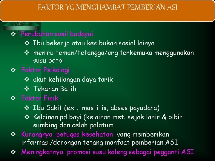 FAKTOR YG MENGHAMBAT PEMBERIAN ASI v Perubahan sosil budayai v Ibu bekerja atau kesibukan