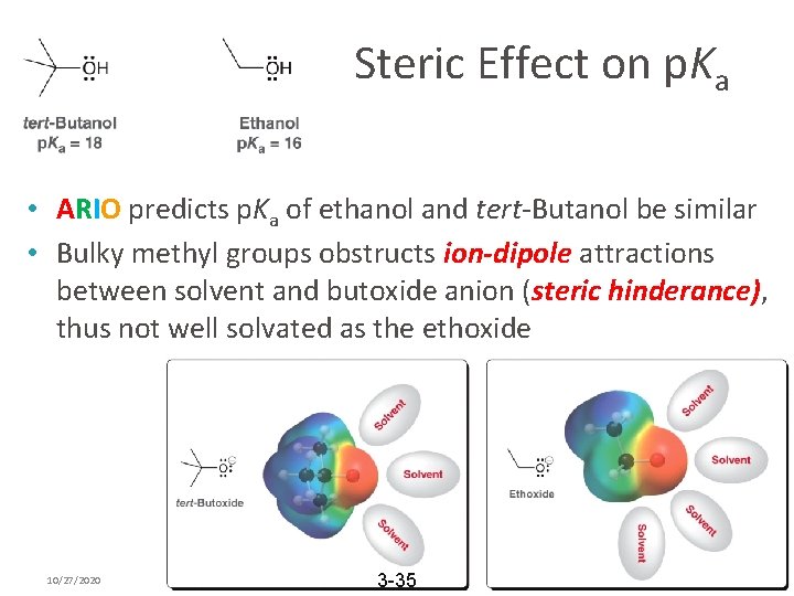 Steric Effect on p. Ka • ARIO predicts p. Ka of ethanol and tert-Butanol