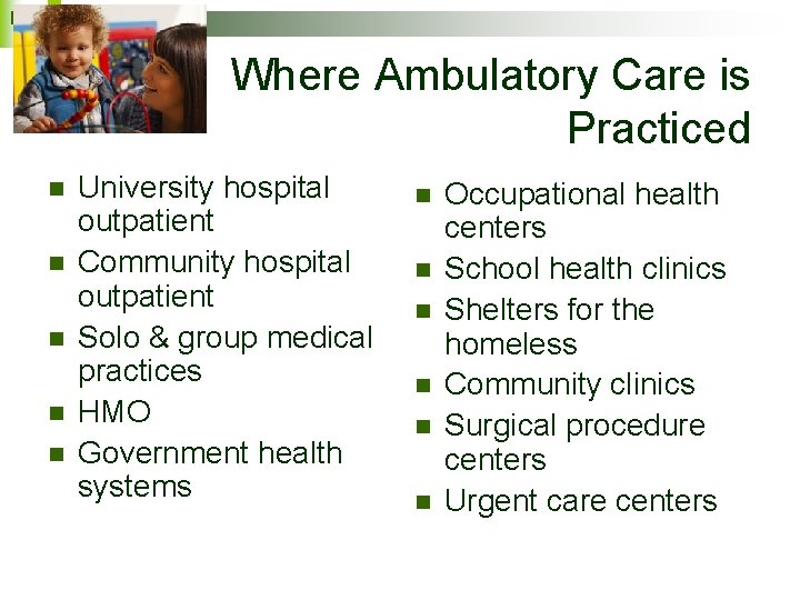 Where Ambulatory Care is Practiced n n n University hospital outpatient Community hospital outpatient