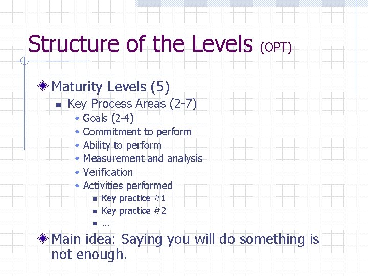 Structure of the Levels (OPT) Maturity Levels (5) n Key Process Areas (2 -7)