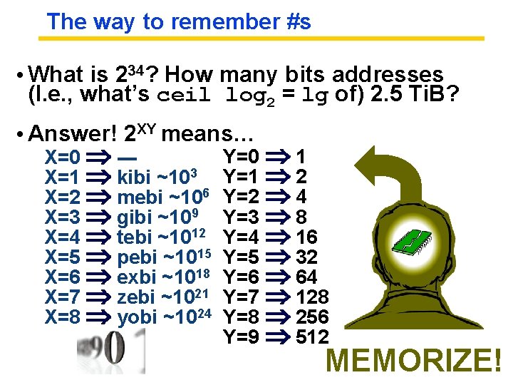 The way to remember #s • What is 234? How many bits addresses (I.