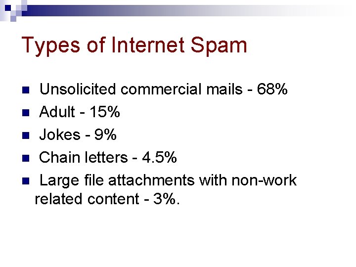 Types of Internet Spam Unsolicited commercial mails - 68% n Adult - 15% n
