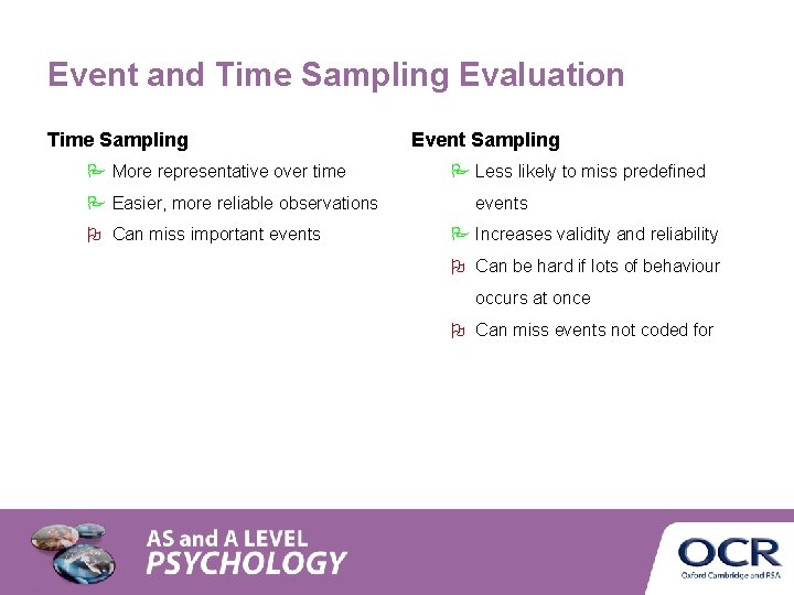 Event and Time Sampling Evaluation Time Sampling More representative over time Easier, more reliable Event and Time Sampling Evaluation Time Sampling More representative over time Easier, more reliable