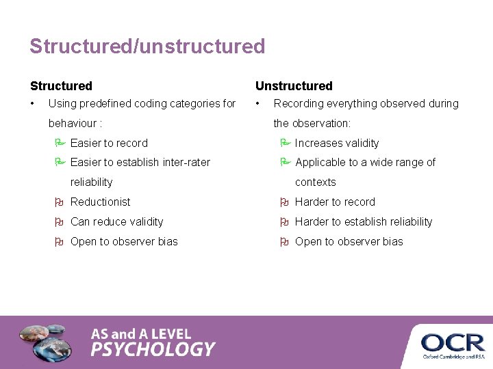 Structured/unstructured Structured Unstructured • • Using predefined coding categories for behaviour : Recording everything Structured/unstructured Structured Unstructured • • Using predefined coding categories for behaviour : Recording everything