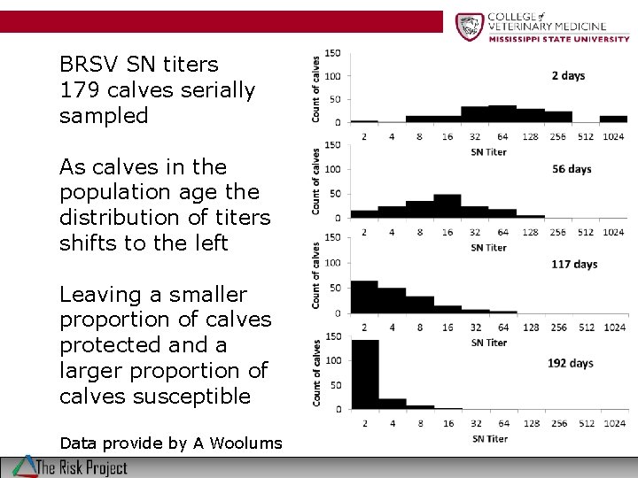 BRSV SN titers 179 calves serially sampled As calves in the population age the