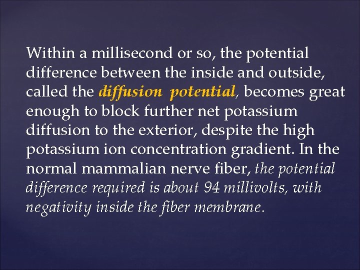 Within a millisecond or so, the potential difference between the inside and outside, called