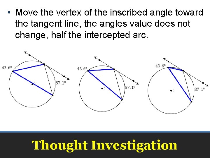 • Move the vertex of the inscribed angle toward the tangent line, the • Move the vertex of the inscribed angle toward the tangent line, the