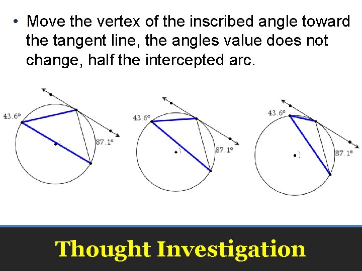  • Move the vertex of the inscribed angle toward the tangent line, the