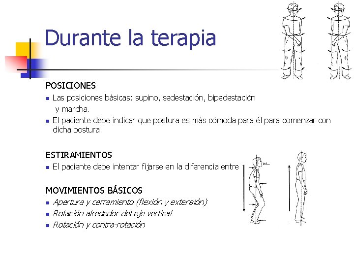 Durante la terapia POSICIONES n n Las posiciones básicas: supino, sedestación, bipedestación y marcha.