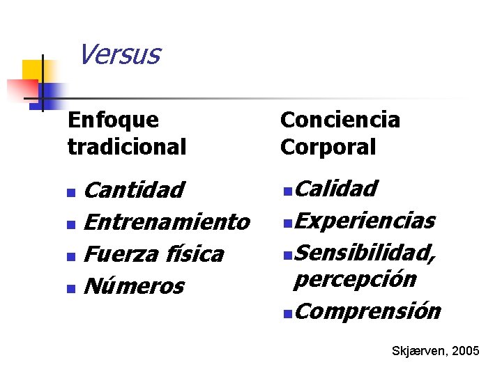 Versus Enfoque tradicional Cantidad n Entrenamiento n Fuerza física n Números n Conciencia Corporal