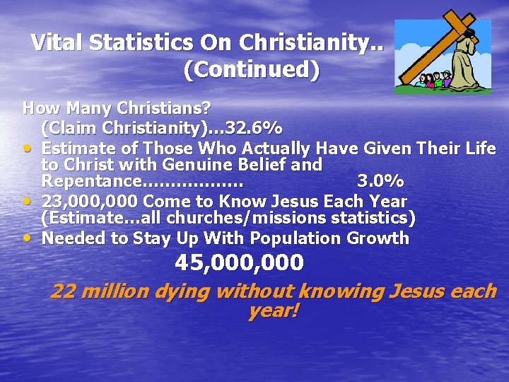 Vital Statistics On Christianity. . (Continued) How Many Christians? (Claim Christianity)… 32. 6% •