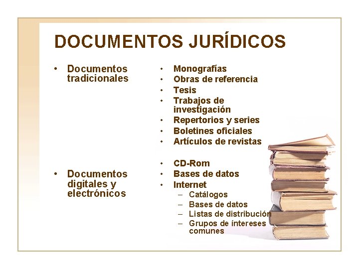 DOCUMENTOS JURÍDICOS • Documentos tradicionales • Documentos digitales y electrónicos • • Monografías Obras