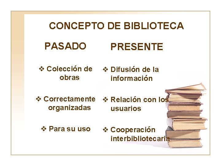 CONCEPTO DE BIBLIOTECA PASADO v Colección de obras PRESENTE v Difusión de la información