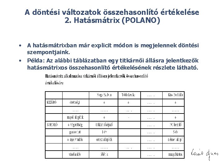 A döntési változatok összehasonlító értékelése 2. Hatásmátrix (POLANO) • • A hatásmátrixban már explicit