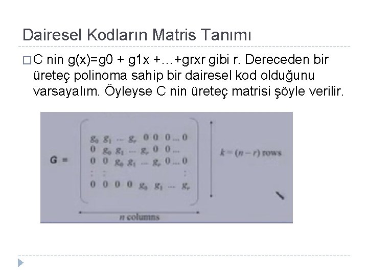 Dairesel Kodların Matris Tanımı �C nin g(x)=g 0 + g 1 x +…+grxr gibi