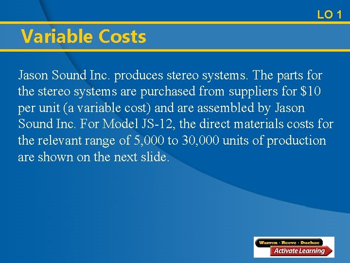 LO 1 Variable Costs Jason Sound Inc. produces stereo systems. The parts for the