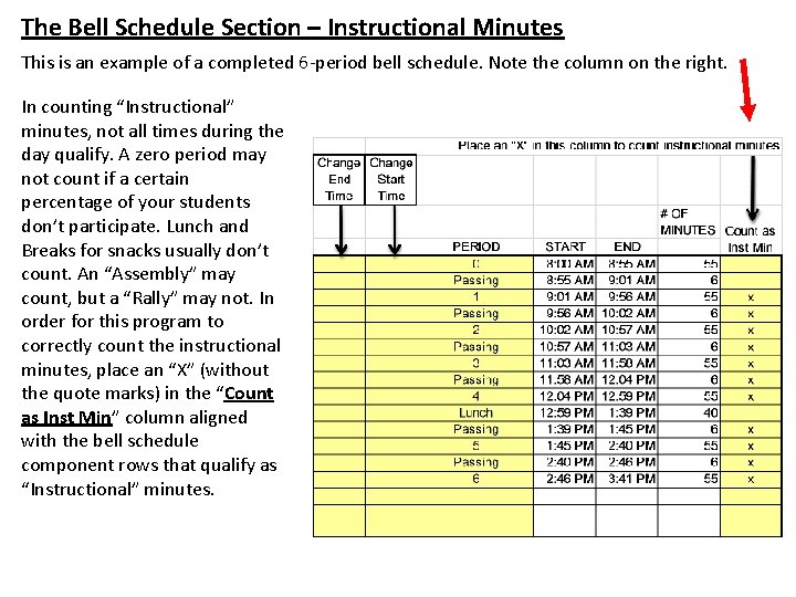 The Bell Schedule Section – Instructional Minutes This is an example of a completed