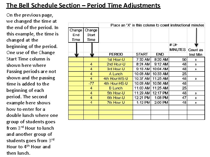 The Bell Schedule Section – Period Time Adjustments On the previous page, we changed