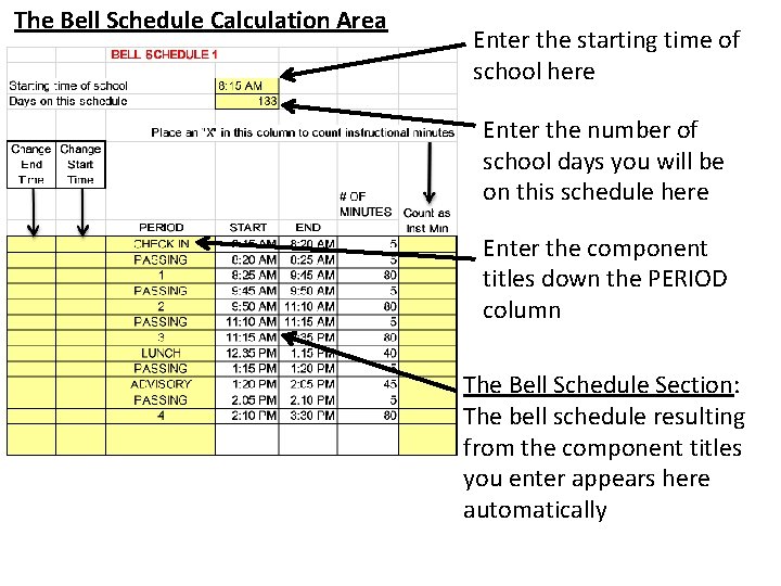 The Bell Schedule Calculation Area Enter the starting time of school here Enter the