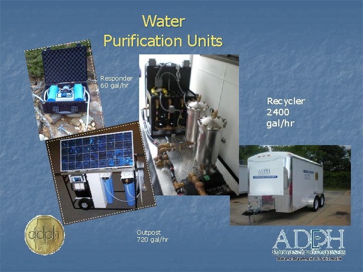 Water Purification Units Responder 60 gal/hr Recycler 2400 gal/hr Outpost 720 gal/hr 
