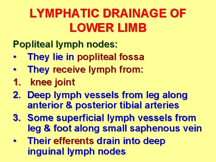 LYMPHATIC DRAINAGE OF LOWER LIMB Popliteal lymph nodes: • They lie in popliteal fossa
