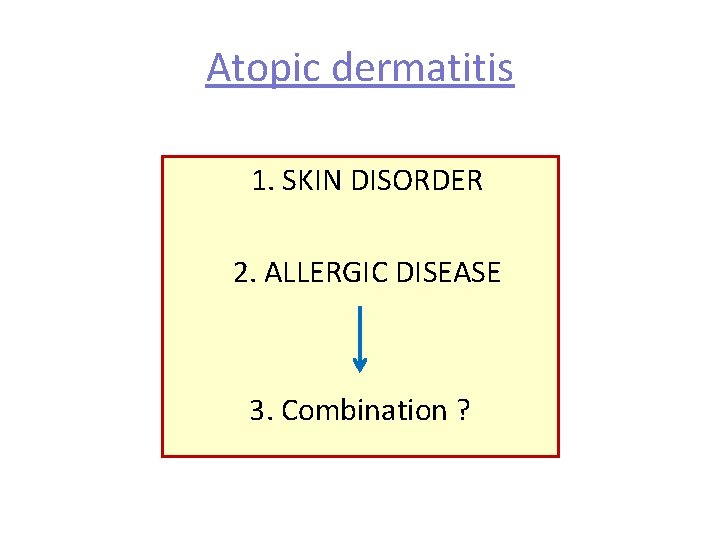 Atopic dermatitis 1. SKIN DISORDER 2. ALLERGIC DISEASE 3. Combination ? 